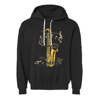 Music Notes Treble Clef Saxophonist Jazz Musician Saxophone Garment-Dyed Fleece Hoodie