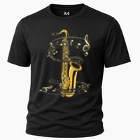 Music Notes Treble Clef Saxophonist Jazz Musician Saxophone Cooling Performance Crew T-Shirt