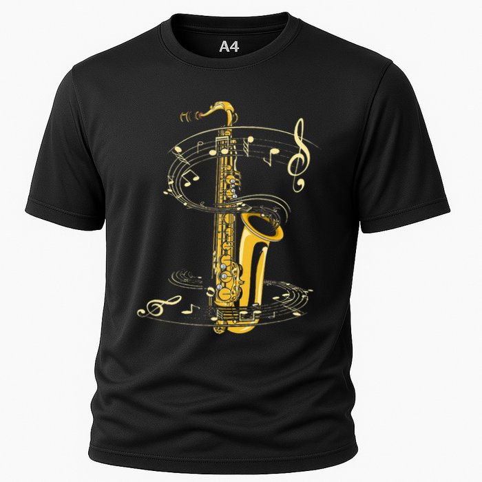 Music Notes Treble Clef Saxophonist Jazz Musician Saxophone Cooling Performance Crew T-Shirt