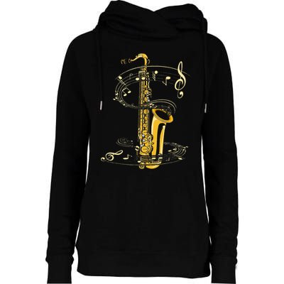 Music Notes Treble Clef Saxophonist Jazz Musician Saxophone Womens Funnel Neck Pullover Hood