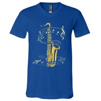 Music Notes Treble Clef Saxophonist Jazz Musician Saxophone V-Neck T-Shirt