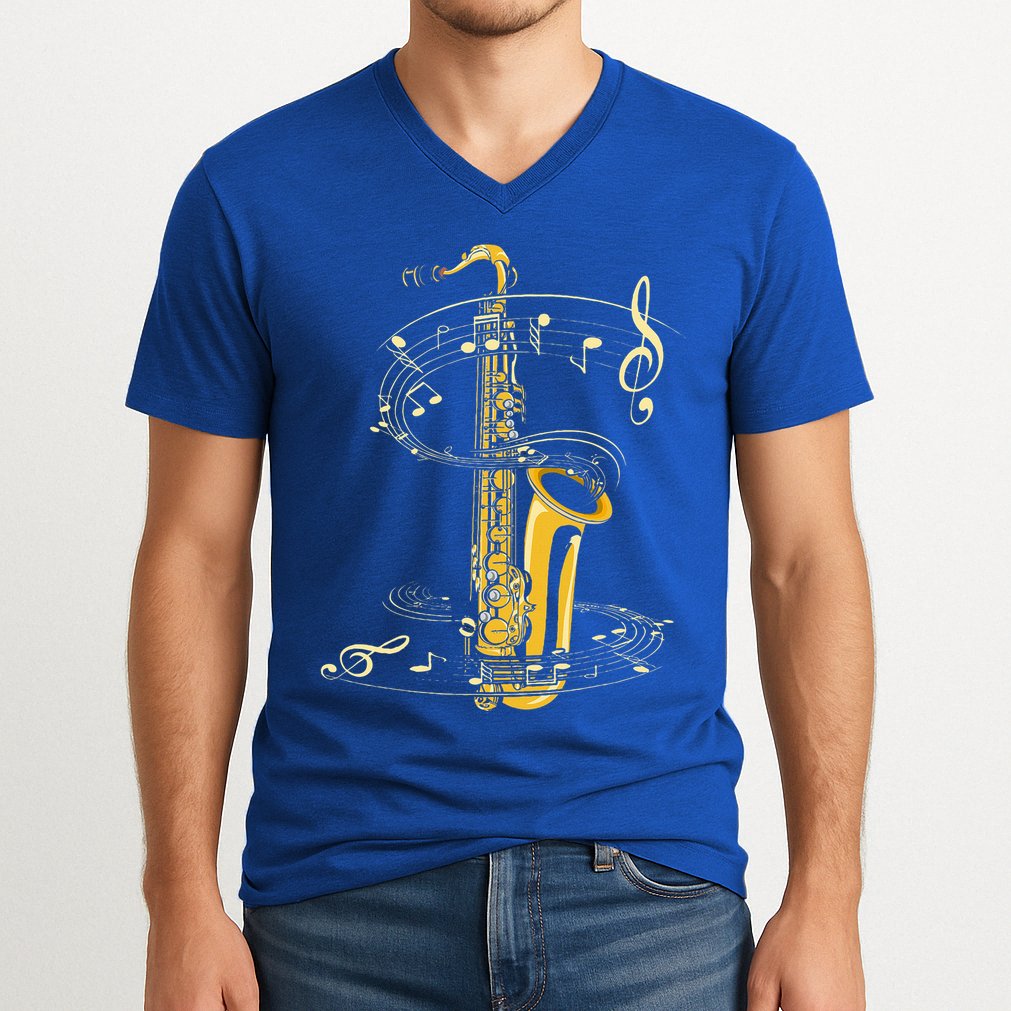 Music Notes Treble Clef Saxophonist Jazz Musician Saxophone V-Neck T-Shirt
