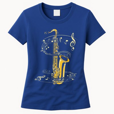 Music Notes Treble Clef Saxophonist Jazz Musician Saxophone Womens T-Shirt