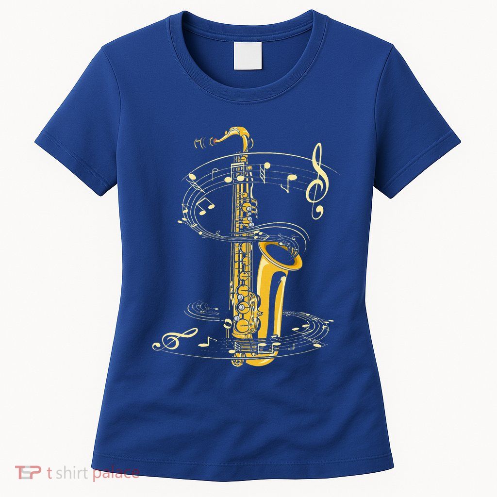 Music Notes Treble Clef Saxophonist Jazz Musician Saxophone Womens T-Shirt