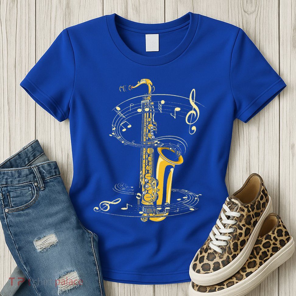 Music Notes Treble Clef Saxophonist Jazz Musician Saxophone Womens T-Shirt
