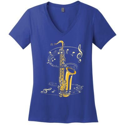 Music Notes Treble Clef Saxophonist Jazz Musician Saxophone Women's V-Neck T-Shirt