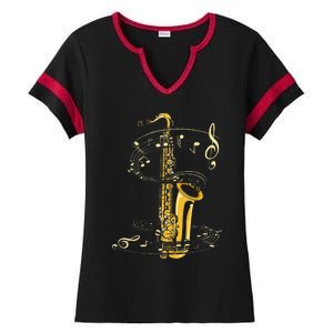 Music Notes Treble Clef Saxophonist Jazz Musician Saxophone Ladies Halftime Notch Neck Tee