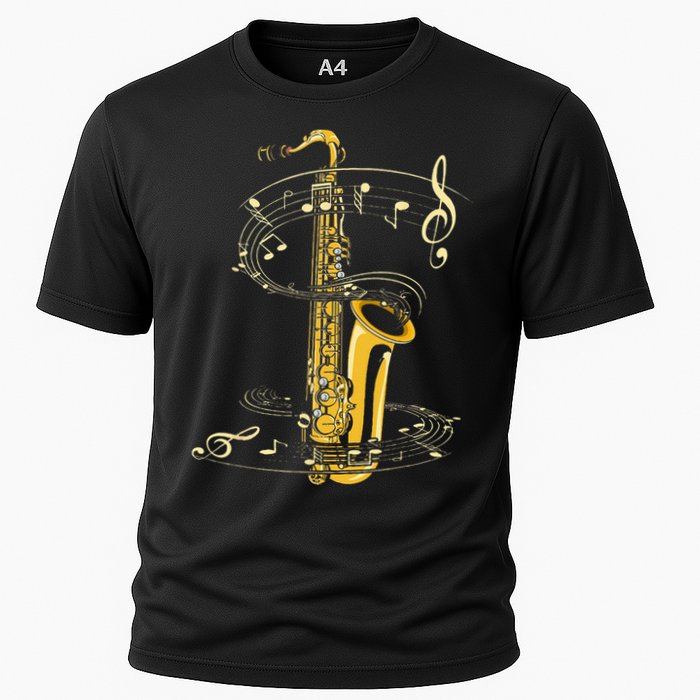 Music Notes Treble Clef Saxophonist Jazz Musician Saxophone Cooling Performance Crew T-Shirt