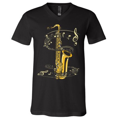 Music Notes Treble Clef Saxophonist Jazz Musician Saxophone V-Neck T-Shirt
