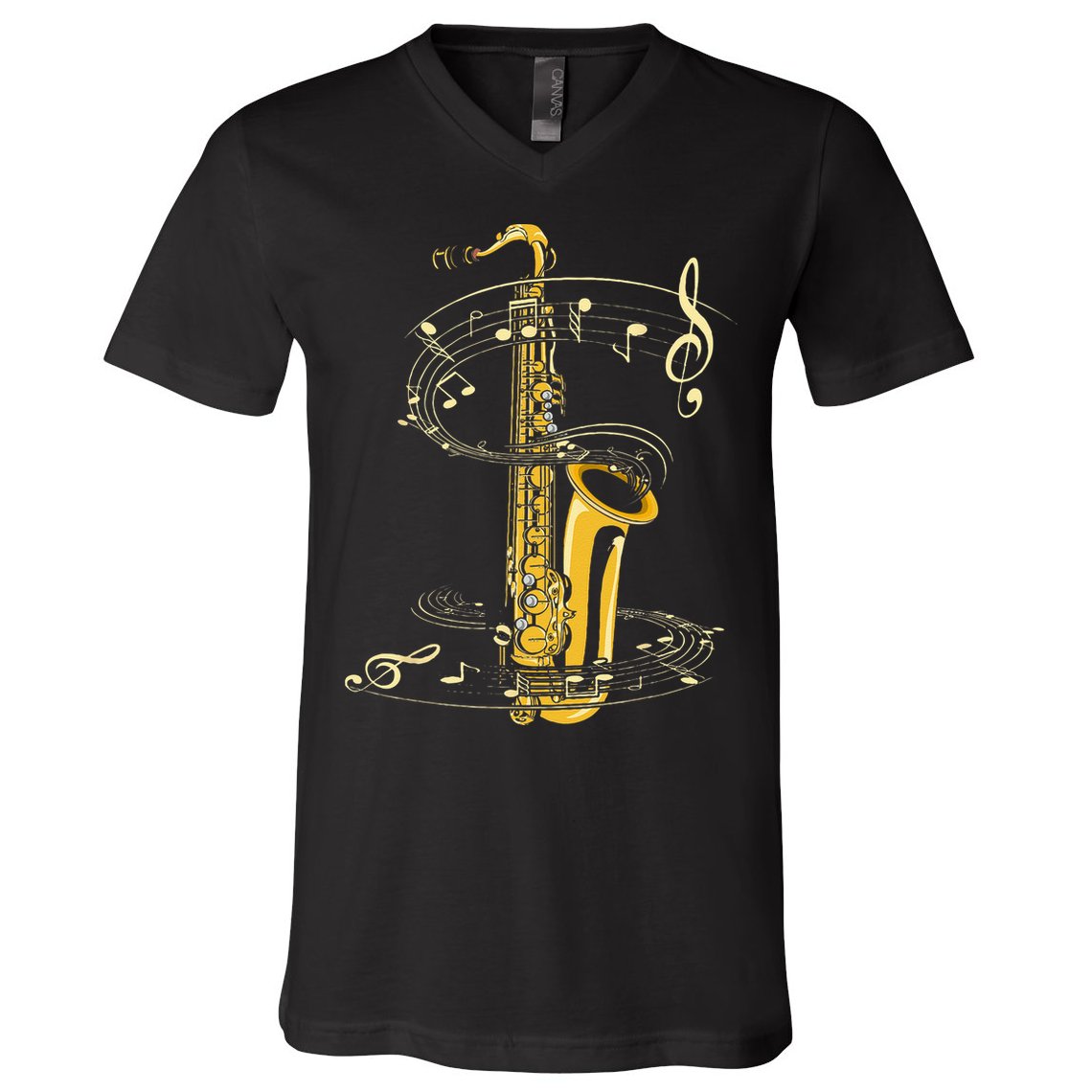 Music Notes Treble Clef Saxophonist Jazz Musician Saxophone V-Neck T-Shirt