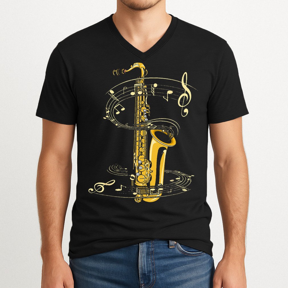 Music Notes Treble Clef Saxophonist Jazz Musician Saxophone V-Neck T-Shirt