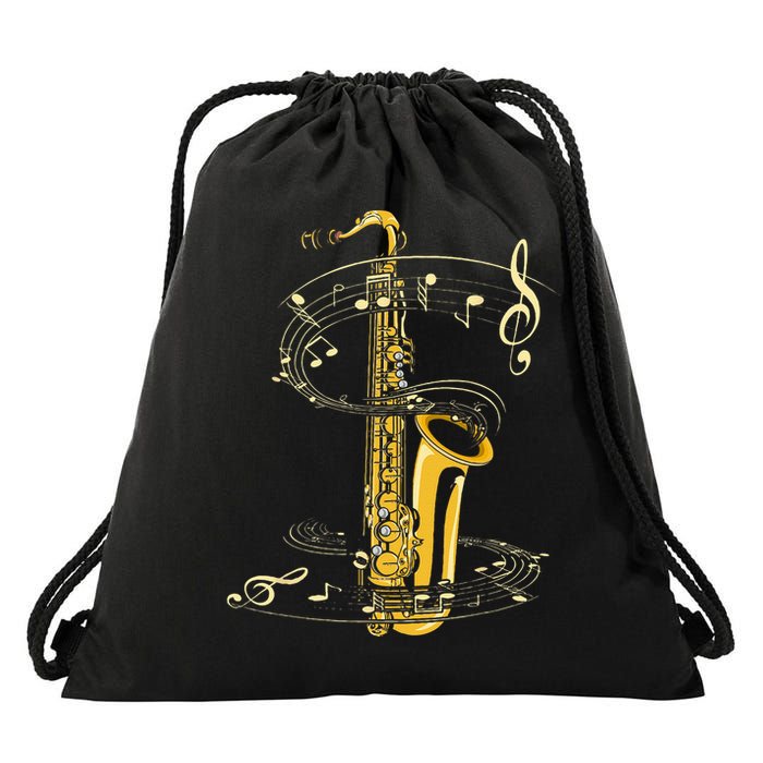 Music Notes Treble Clef Saxophonist Jazz Musician Saxophone Drawstring Bag
