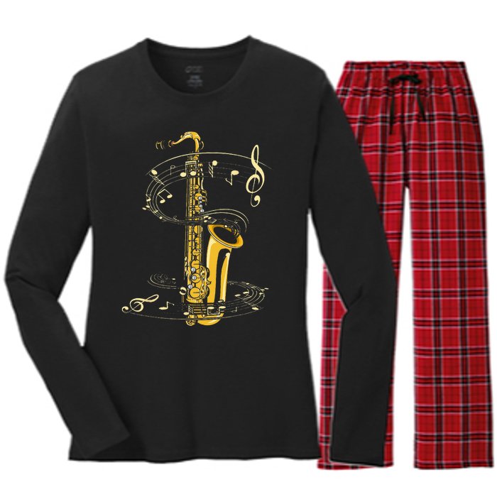 Music Notes Treble Clef Saxophonist Jazz Musician Saxophone Women's Long Sleeve Flannel Pajama Set 