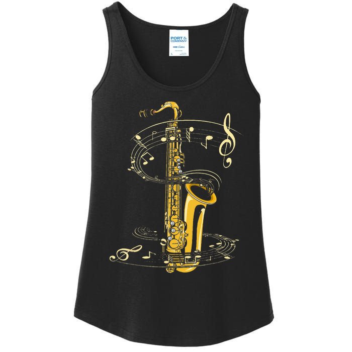 Music Notes Treble Clef Saxophonist Jazz Musician Saxophone Ladies Essential Tank