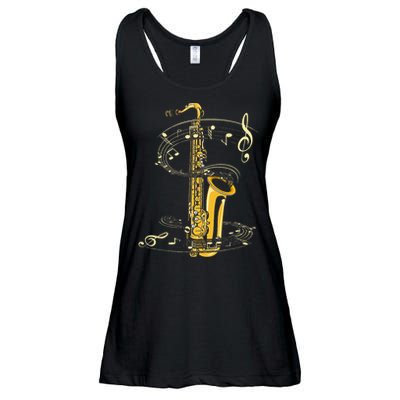 Music Notes Treble Clef Saxophonist Jazz Musician Saxophone Ladies Essential Flowy Tank