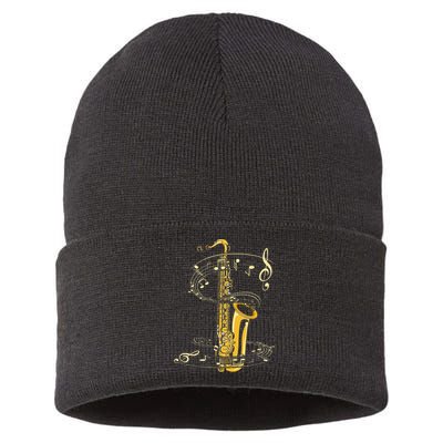 Music Notes Treble Clef Saxophonist Jazz Musician Saxophone Sustainable Knit Beanie