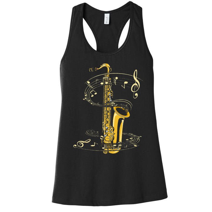 Music Notes Treble Clef Saxophonist Jazz Musician Saxophone Women's Racerback Tank