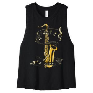 Music Notes Treble Clef Saxophonist Jazz Musician Saxophone Women's Racerback Cropped Tank