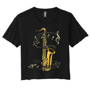 Music Notes Treble Clef Saxophonist Jazz Musician Saxophone Women's Crop Top Tee