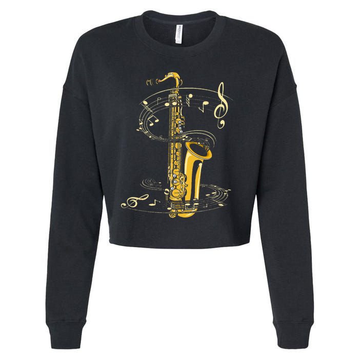 Music Notes Treble Clef Saxophonist Jazz Musician Saxophone Cropped Pullover Crew