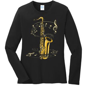 Music Notes Treble Clef Saxophonist Jazz Musician Saxophone Ladies Long Sleeve Shirt