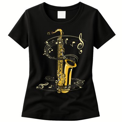 Music Notes Treble Clef Saxophonist Jazz Musician Saxophone Womens T-Shirt