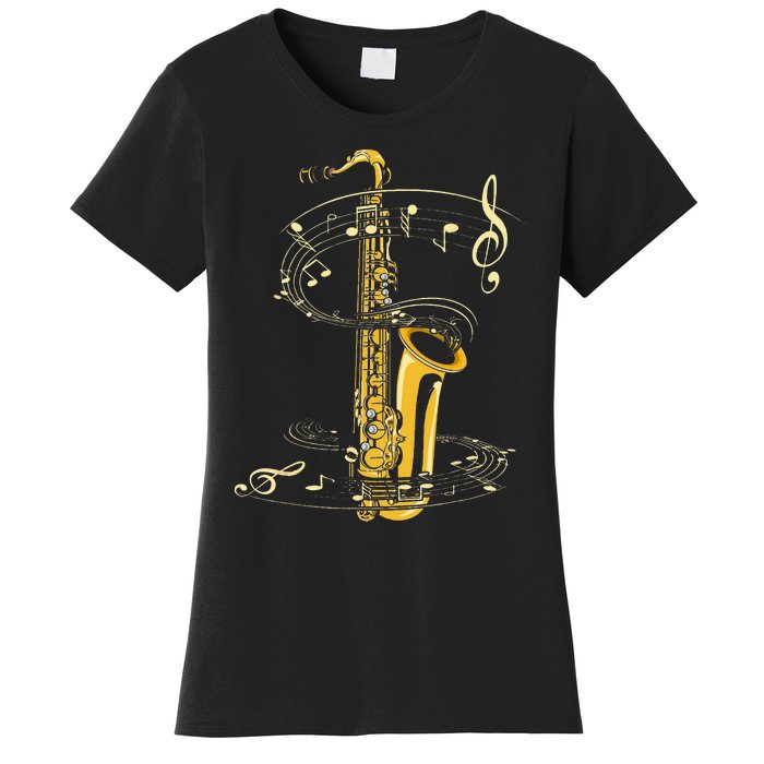 Music Notes Treble Clef Saxophonist Jazz Musician Saxophone Women's T-Shirt