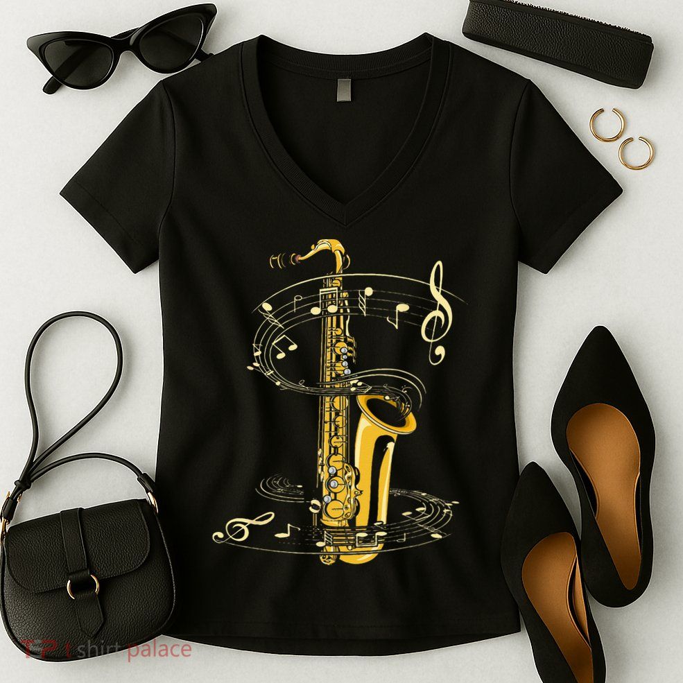 Music Notes Treble Clef Saxophonist Jazz Musician Saxophone Women's V-Neck T-Shirt