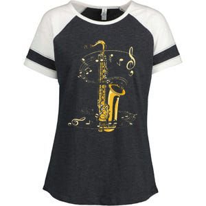 Music Notes Treble Clef Saxophonist Jazz Musician Saxophone Enza Ladies Jersey Colorblock Tee