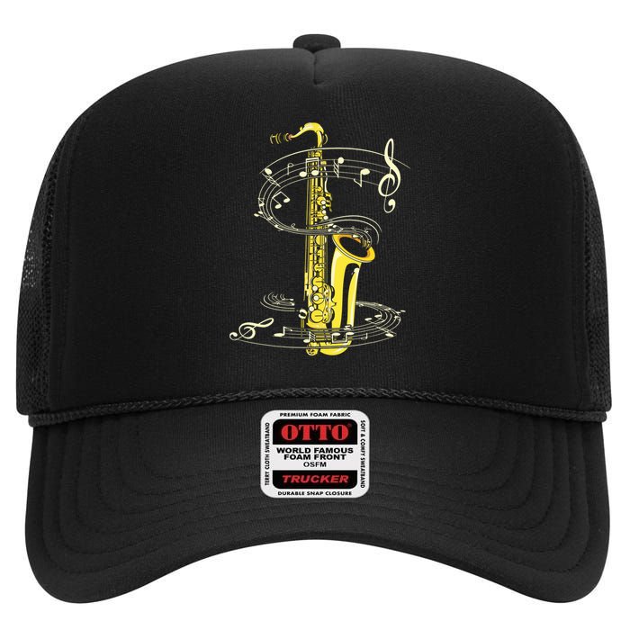 Music Notes Treble Clef Saxophonist Jazz Musician Saxophone High Crown Mesh Back Trucker Hat