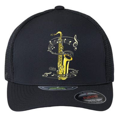 Music Notes Treble Clef Saxophonist Jazz Musician Saxophone Flexfit Unipanel Trucker Cap