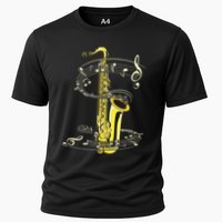 Music Notes Treble Clef Saxophonist Jazz Musician Saxophone Cooling Performance Crew T-Shirt
