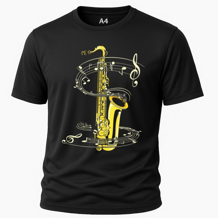 Music Notes Treble Clef Saxophonist Jazz Musician Saxophone Cooling Performance Crew T-Shirt