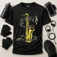 Music Notes Treble Clef Saxophonist Jazz Musician Saxophone Cooling Performance Crew T-Shirt