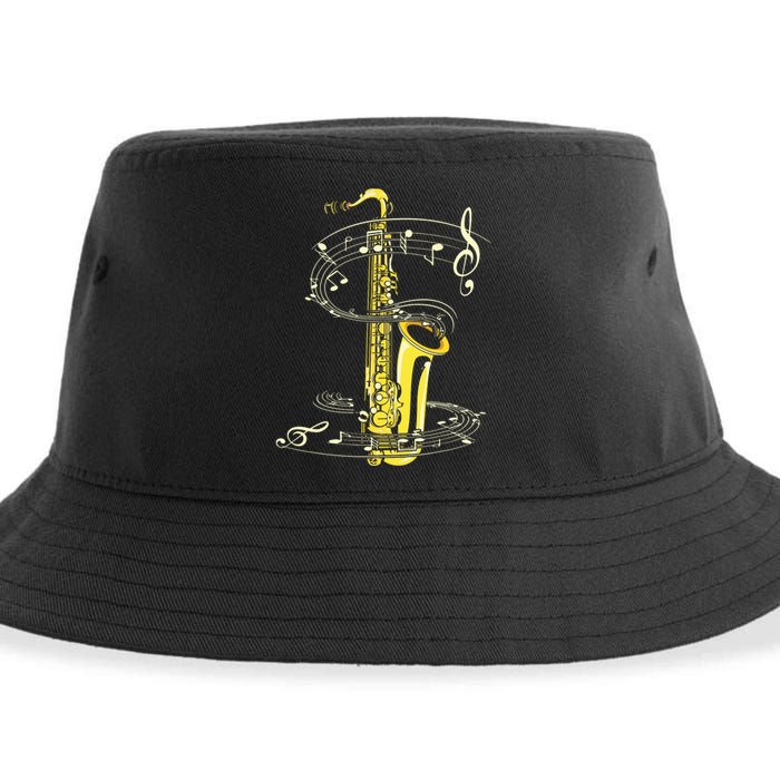 Music Notes Treble Clef Saxophonist Jazz Musician Saxophone Sustainable Bucket Hat