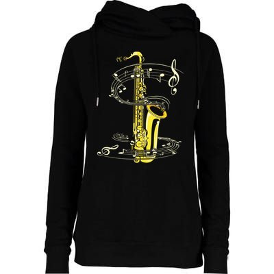 Music Notes Treble Clef Saxophonist Jazz Musician Saxophone Womens Funnel Neck Pullover Hood