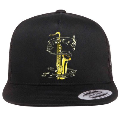 Music Notes Treble Clef Saxophonist Jazz Musician Saxophone Flat Bill Trucker Hat