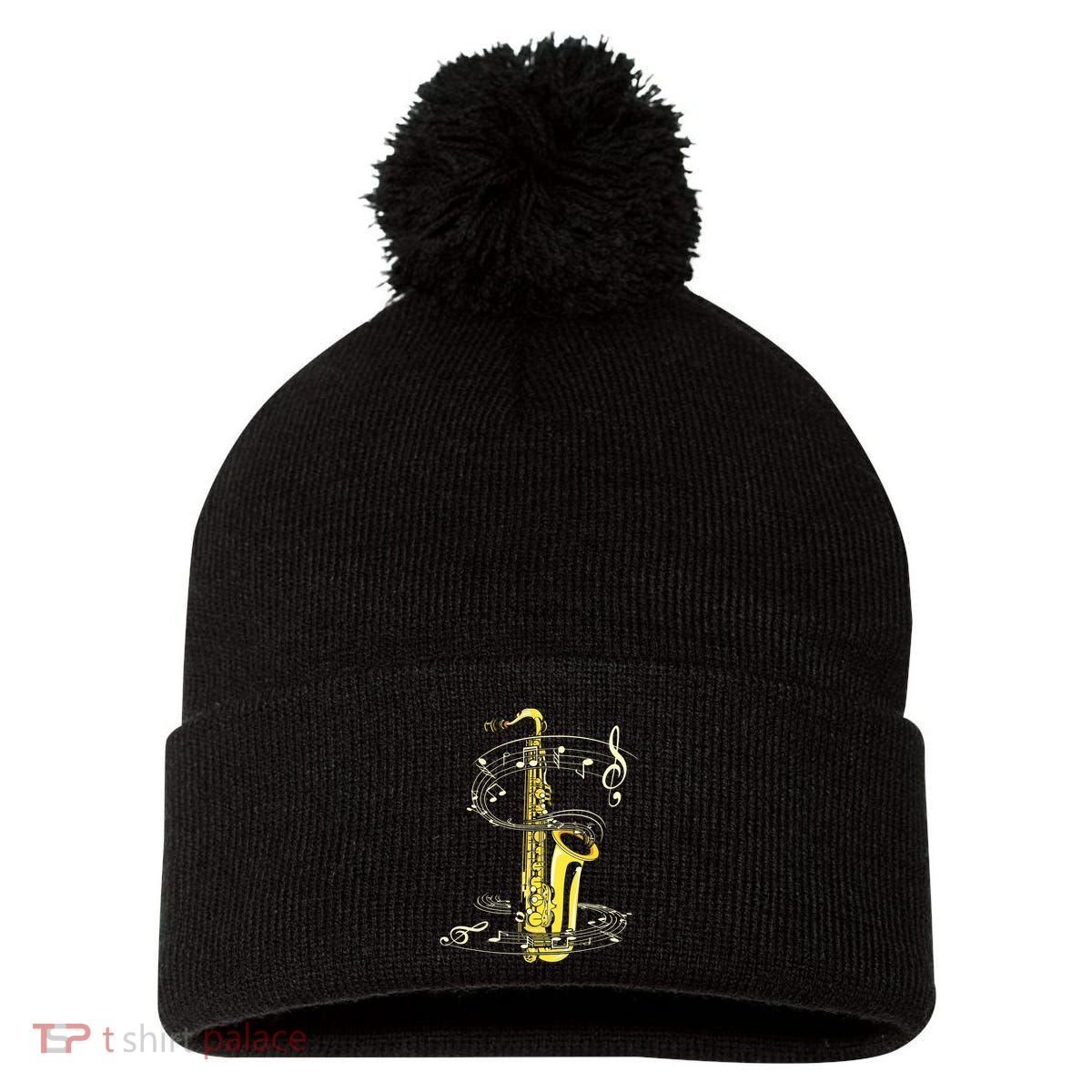 Music Notes Treble Clef Saxophonist Jazz Musician Saxophone Pom Pom 12in Knit Beanie