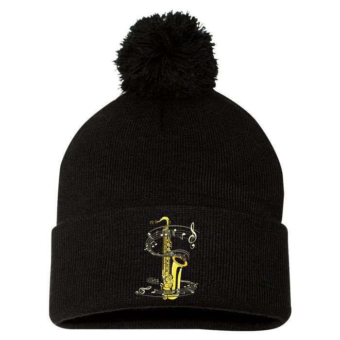 Music Notes Treble Clef Saxophonist Jazz Musician Saxophone Pom Pom 12in Knit Beanie