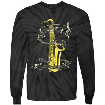 Music Notes Treble Clef Saxophonist Jazz Musician Saxophone Tie-Dye Long Sleeve Shirt