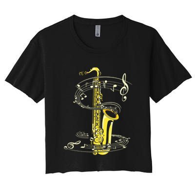 Music Notes Treble Clef Saxophonist Jazz Musician Saxophone Crop Top