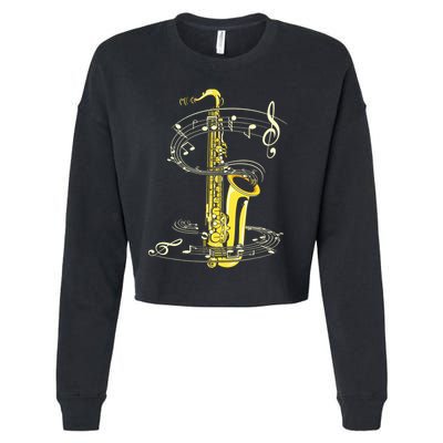 Music Notes Treble Clef Saxophonist Jazz Musician Saxophone Cropped Pullover Crew
