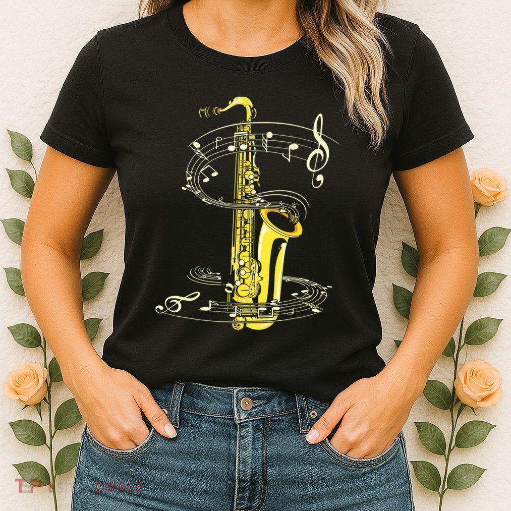 Music Notes Treble Clef Saxophonist Jazz Musician Saxophone Womens T-Shirt