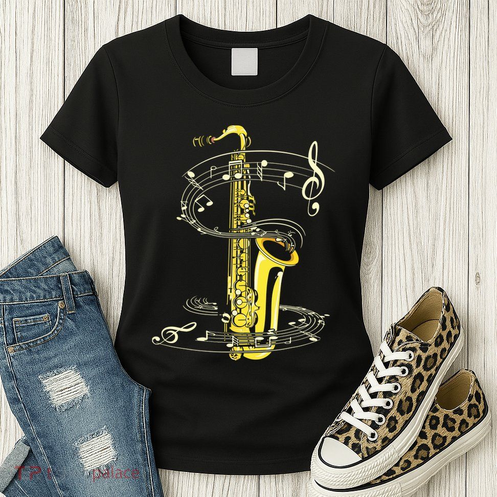Music Notes Treble Clef Saxophonist Jazz Musician Saxophone Womens T-Shirt