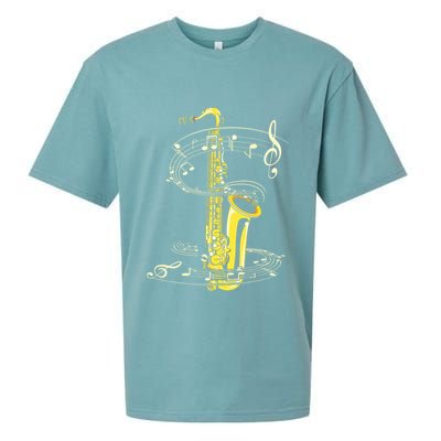 Music Notes Treble Clef Saxophonist Jazz Musician Saxophone Sueded Cloud Jersey T-Shirt