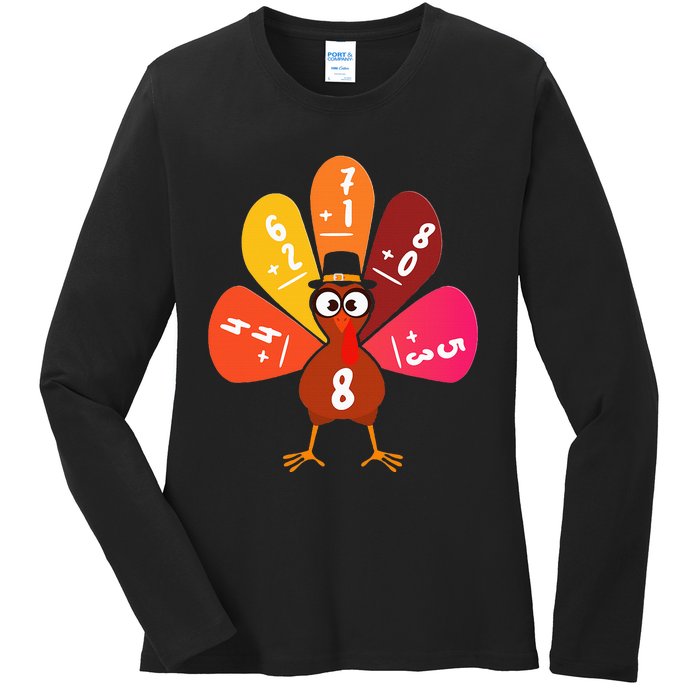 Math Number Turkey Count Answer Thanksgiving Teacher Ladies Long Sleeve Shirt