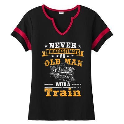 Mens Never Underestimate An Old Man Railroad Collector Train Ladies Halftime Notch Neck Tee