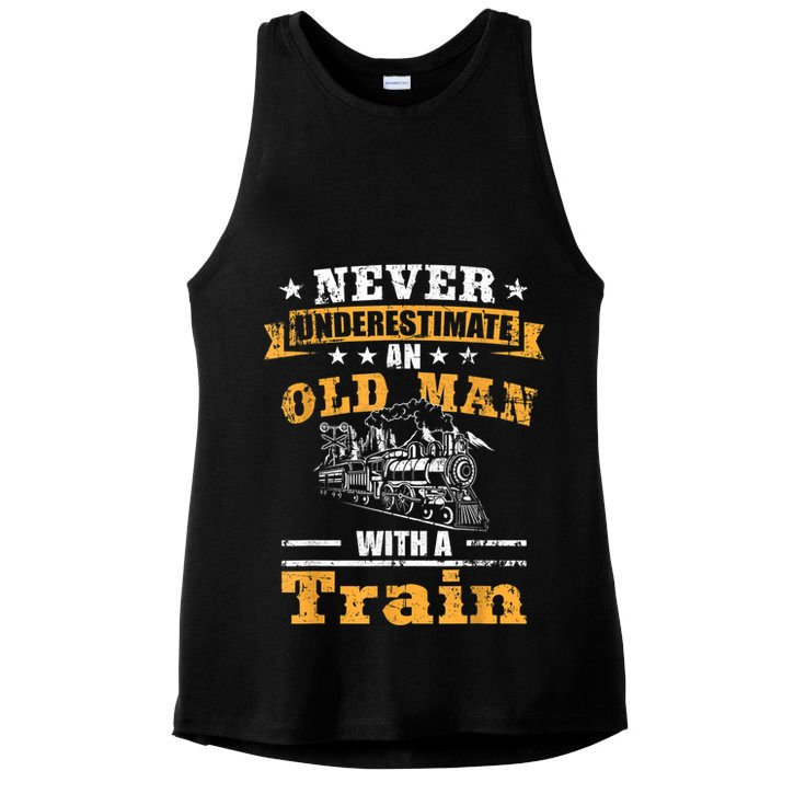 Mens Never Underestimate An Old Man Railroad Collector Train Ladies PosiCharge Tri-Blend Wicking Tank