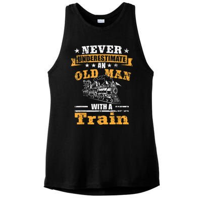 Mens Never Underestimate An Old Man Railroad Collector Train Ladies PosiCharge Tri-Blend Wicking Tank