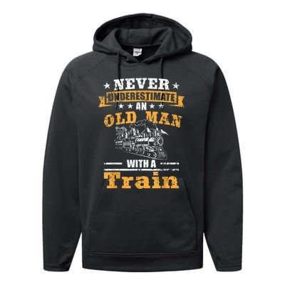 Mens Never Underestimate An Old Man Railroad Collector Train Performance Fleece Hoodie